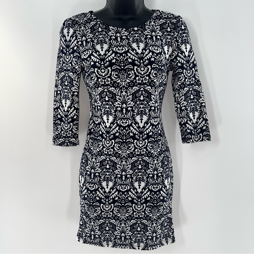 Moon Women's Body Con Mini Dress in Black/White Tribal Ethnic Print-Size S